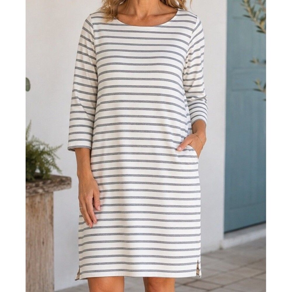 Orvis Shift Dress Women's XL Gray White Stripe Soft Beachy 3/4 Sleeve  Hem Slit